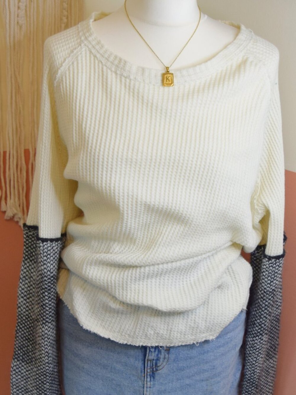 Free People We The Free L Oversized Waffle Knit Sweater Leopard Colorblock